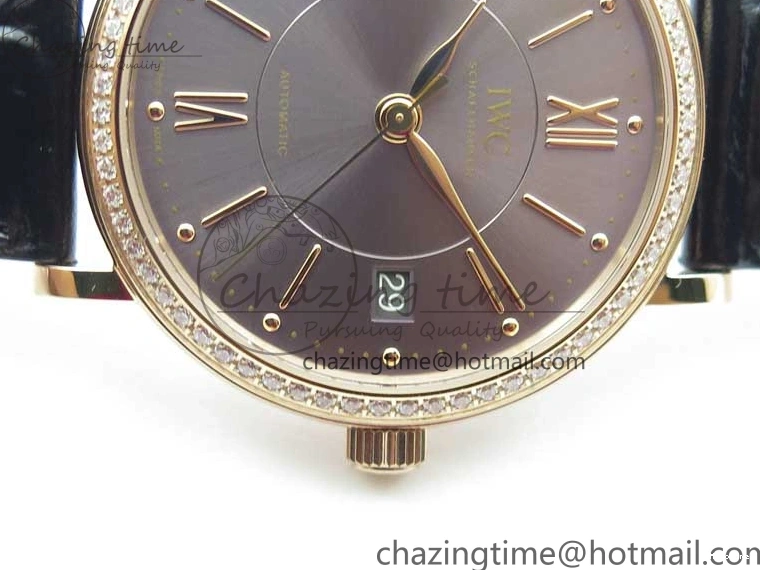 MIROTIME 1228 Durable Portofino 37mm RG V7F 1:1 Best Edition Gray Dial Diamonds Bezel on Black Leather Strap A 7089